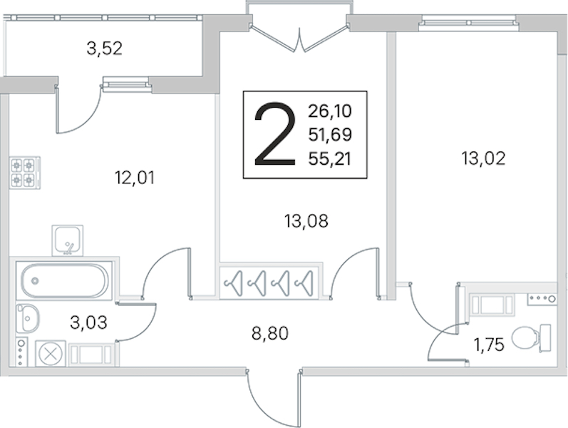 2-комнатная квартира 51.69 м², 4/4 эт., ЖК «Любоград в Стрельне»